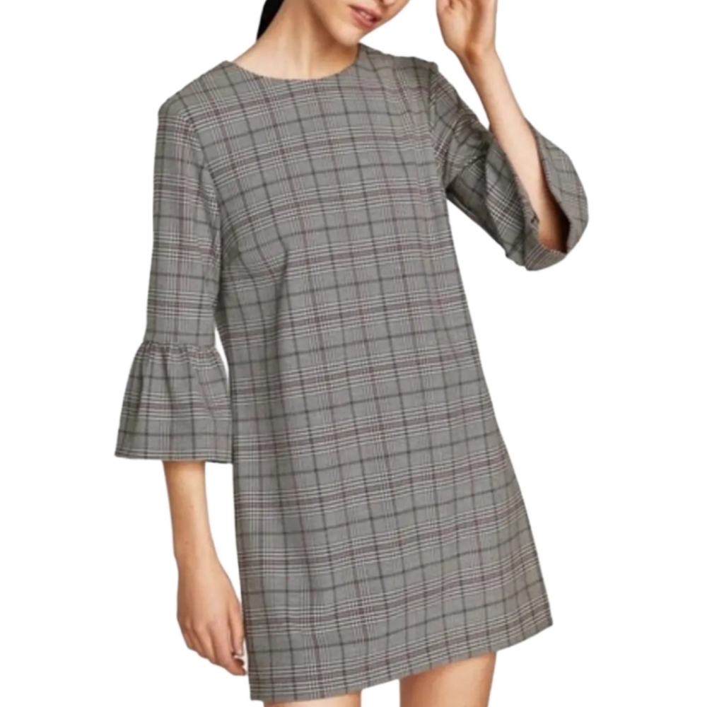 NWOT H&M Plaid Shift Dress, 3/4 Bell Sleeves